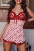 Red Heart Shape Print Lace Crochet Babydoll Set - Red - S
