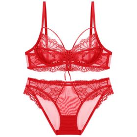 Ribbon Big Chest Show Small Half See-through Bra Set (Option: Red-70A)