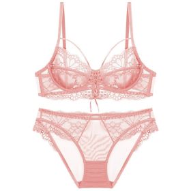 Ribbon Big Chest Show Small Half See-through Bra Set (Option: Pink-95D)